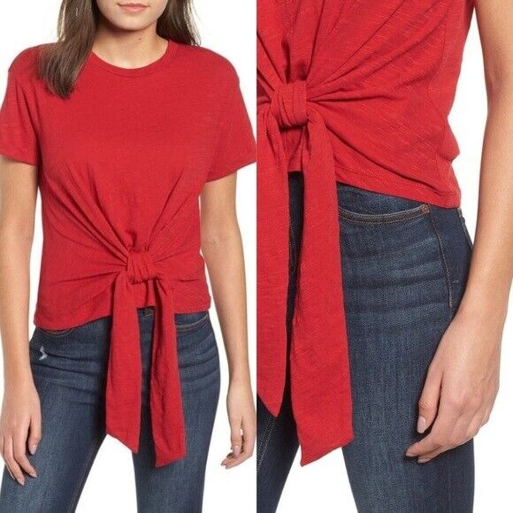 Lush Knot Hem Tee Womens S Small Red Cuffed Short Sleeve Crew Slub Cotton Jersey